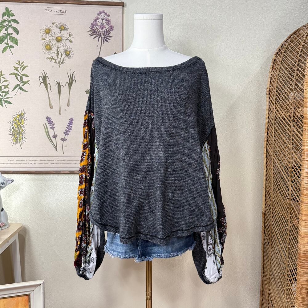 We Free People Thermal Patchwork Flowy Sleeve Oversize Top Boho Grunge Hippie S